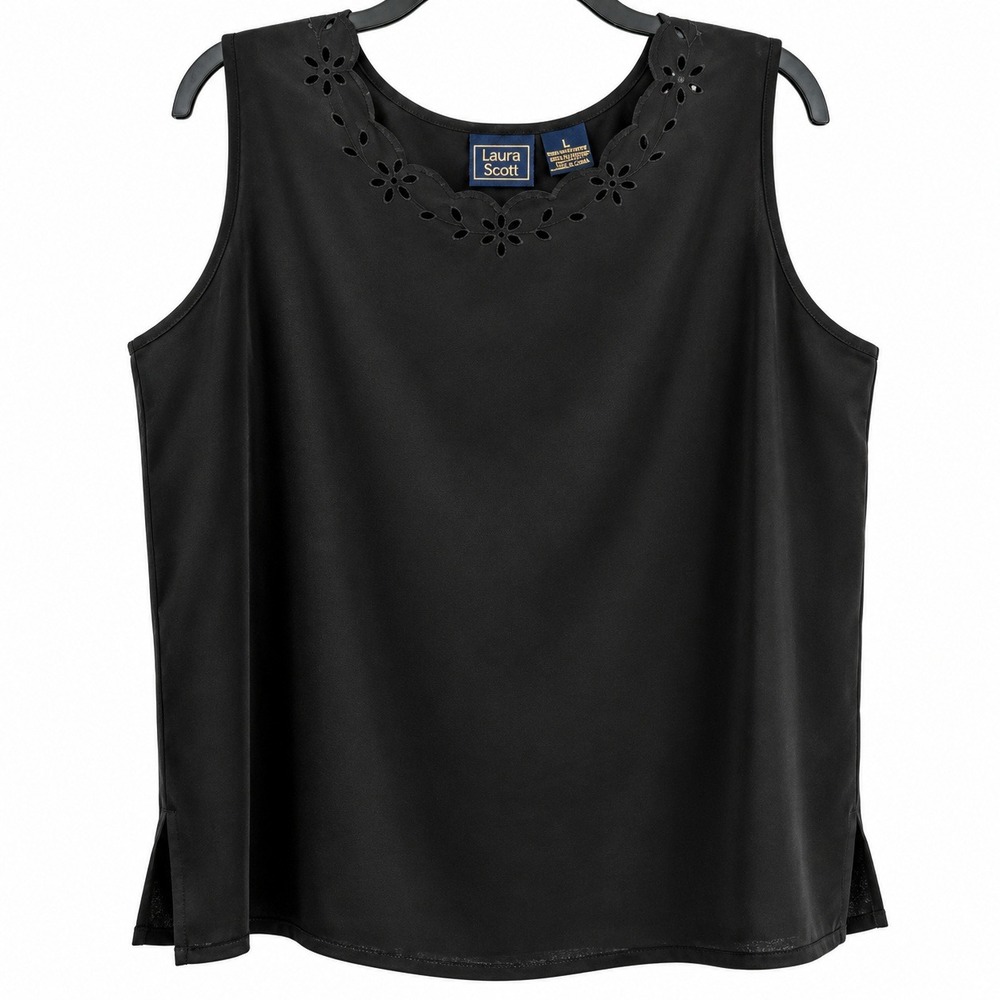 Laura Scott Womens Large Black Eyelet Sleeveless Blouse Floral Cutout Tank Top